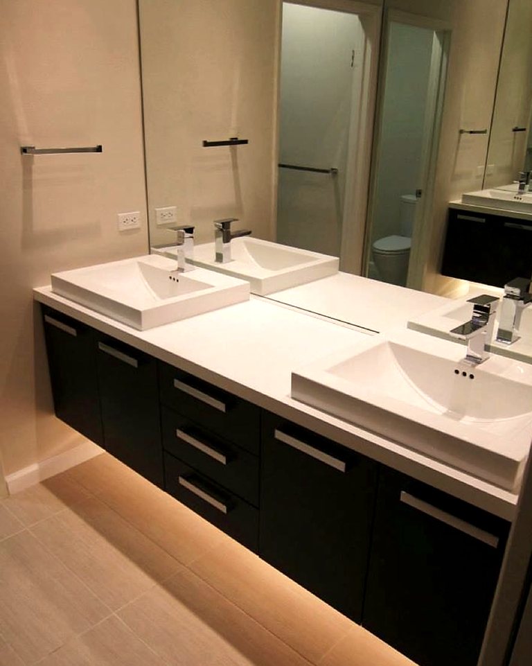 Floating vanity, warm under-glow