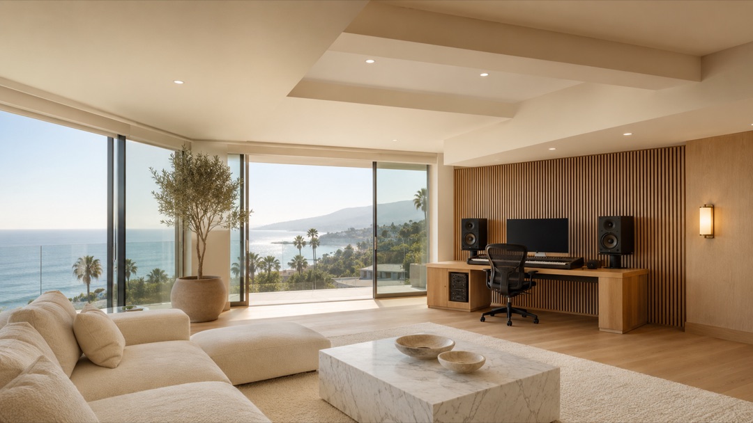 A bright Malibu living room with floor-to-ceiling ocean views opening onto a wood-panelled recording studio with monitors and a mixing desk.