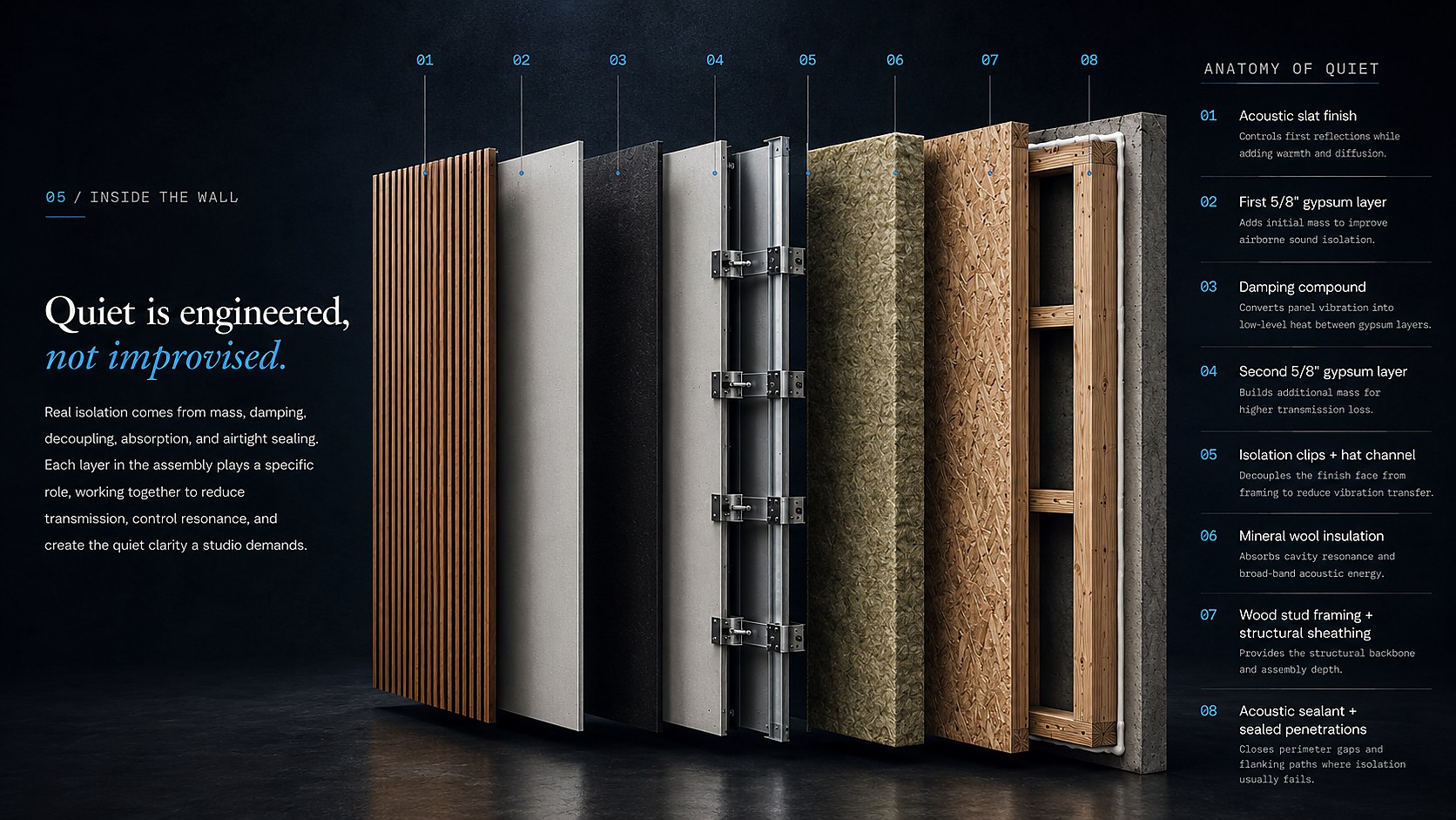 Exploded acoustic wall assembly showing slat finish, gypsum layers, damping compound, isolation clips, mineral wool, framing, and acoustic sealant.