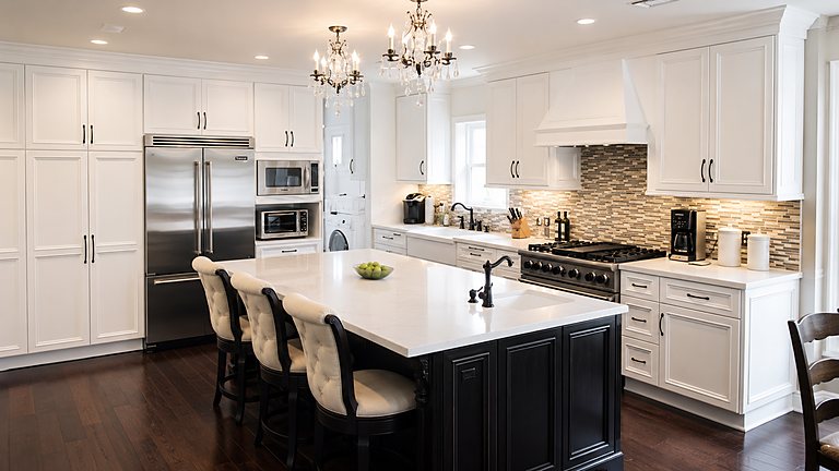 A white kitchen with crystal chandeliers and a dark central island.